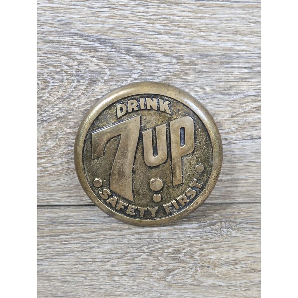 Vtg. DRINK 7-UP SAFETY-FIRST BRASS SIDEWALK ROAD ADVERTISING MARKER SODA!